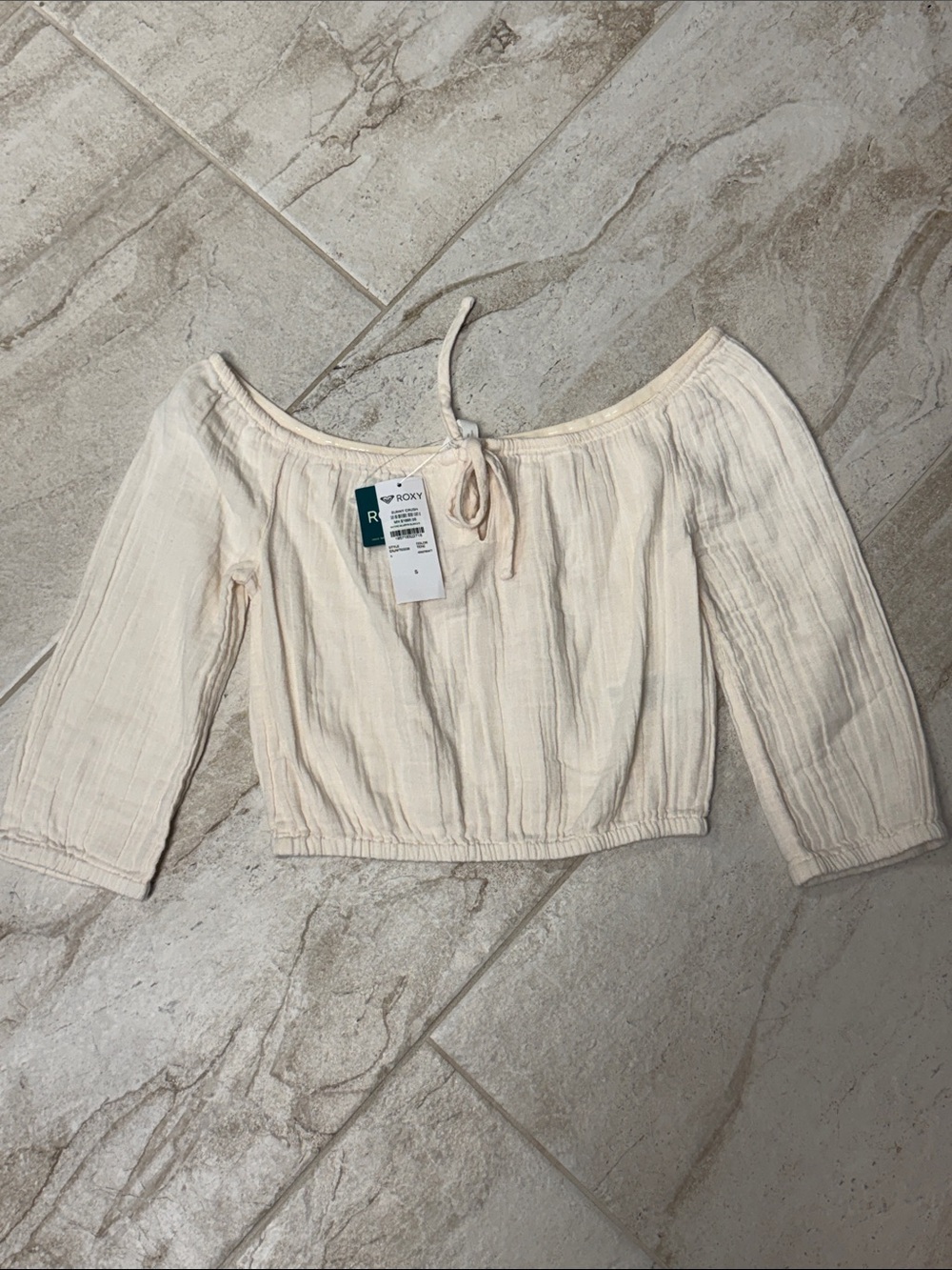 Roxy Cream Off-Shoulder Tie-Front Crop Blouse